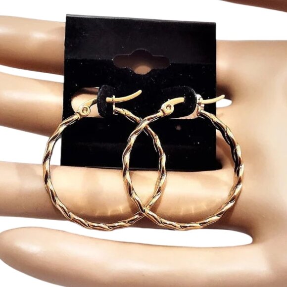 1 1/8 Inch 31mm Braided Hoop Pierced Post Earrings Gold Tone 3mm Wide Band - Picture 5 of 6